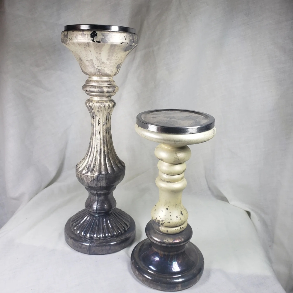 Two Mercury Glass Distressed Primitive Pillar Style Candle Holders